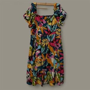 Maia Tropical Print Square Neck Short Puff Sleeve Midi Dress size 18